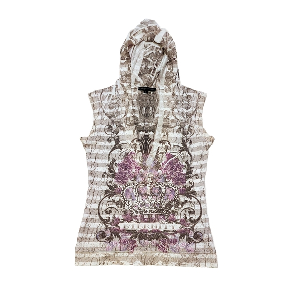 Simply Irresistible Tops - Simply Irresistible Beige Purple Couture Sleeveless Hooded Top